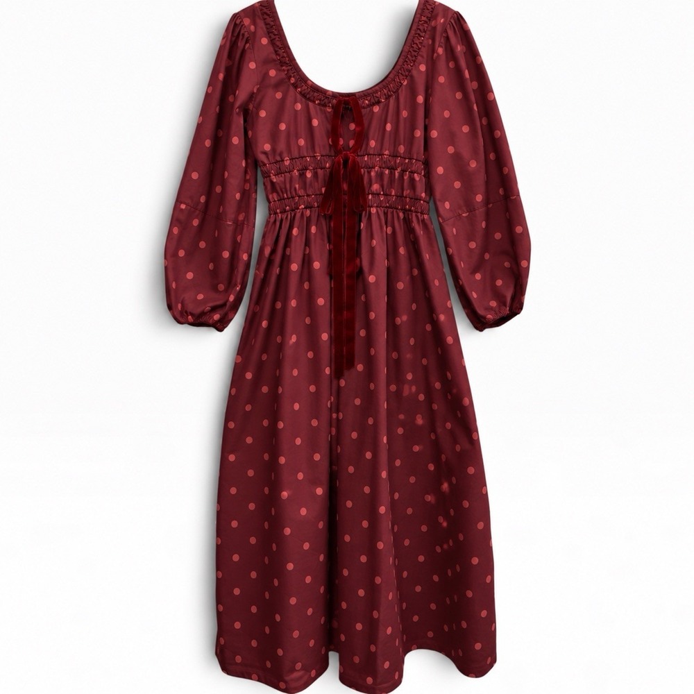 Damson Madder Dakota Bow Midi Babydoll Dress Polka Dot Organic Cotton US S 6